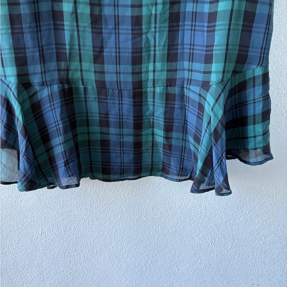 Madewell Silk Size 10 Blue Green Tartan Plaid Ruffle Flounce Hem Sheer Sleeves - Picture 10 of 15